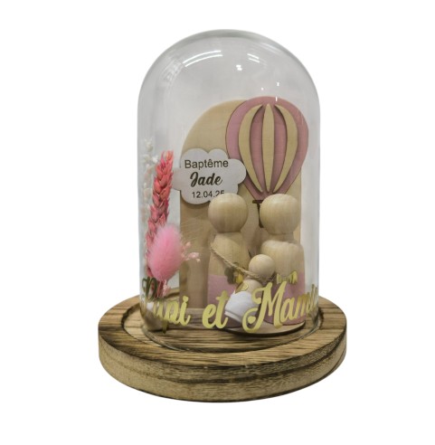 Cloche Verre Personnalisée thème montgolfière : Cadeau Invité Baptême, Communion, Parrain, Marraine