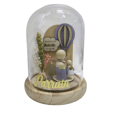 Cloche Verre Personnalisée thème montgolfière : Cadeau Invité Baptême, Communion, Parrain, Marraine