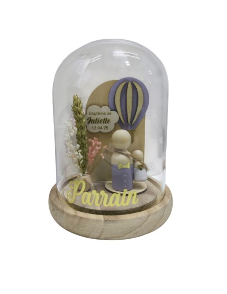Cloche Verre Personnalisée thème montgolfière : Cadeau Invité Baptême, Communion, Parrain, Marraine