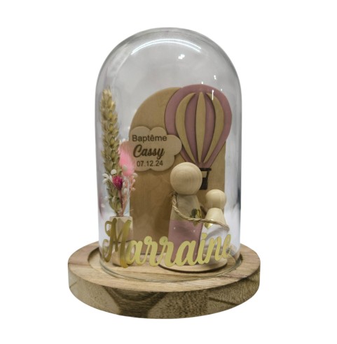 Cloche Verre Personnalisée thème montgolfière : Cadeau Invité Baptême, Communion, Parrain, Marraine