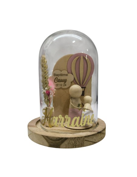 Cloche Verre Personnalisée thème montgolfière : Cadeau Invité Baptême, Communion, Parrain, Marraine