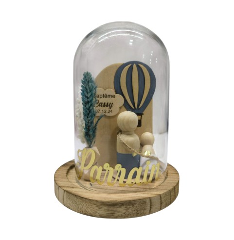 Cloche Verre Personnalisée thème montgolfière : Cadeau Invité Baptême, Communion, Parrain, Marraine
