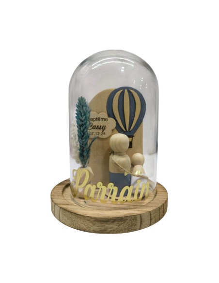 Cloche Verre Personnalisée thème montgolfière : Cadeau Invité Baptême, Communion, Parrain, Marraine