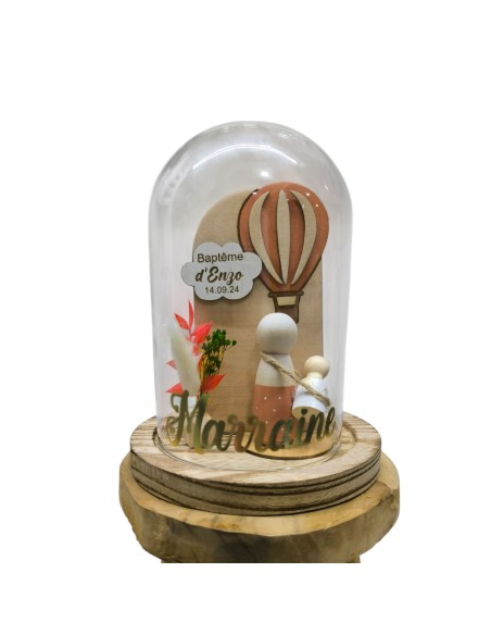 Cloche Verre Personnalisée thème montgolfière : Cadeau Invité Baptême, Communion, Parrain, Marraine