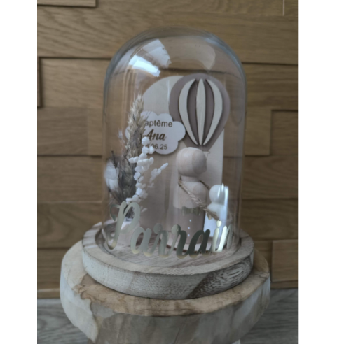 Cloche Verre Personnalisée thème montgolfière : Cadeau Invité Baptême, Communion, Parrain, Marraine