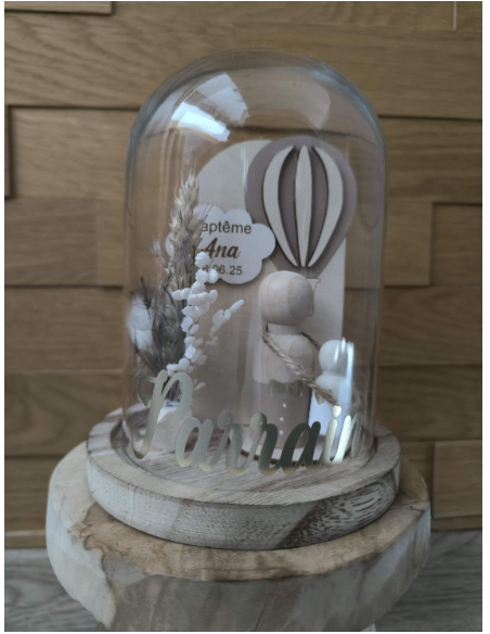 Cloche Verre Personnalisée thème montgolfière : Cadeau Invité Baptême, Communion, Parrain, Marraine