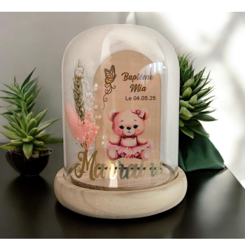 Cloche Verre Personnalisée thème ourson: Cadeau Invité Baptême, Communion, Parrain, Marraine