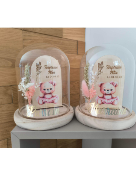 Cloche Verre Personnalisée thème ourson: Cadeau Invité Baptême, Communion, Parrain, Marraine