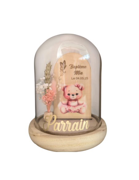 Cloche Verre Personnalisée thème ourson: Cadeau Invité Baptême, Communion, Parrain, Marraine