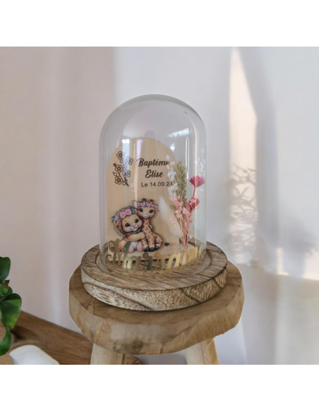 Cloche Verre Personnalisée thème jungle savane: Cadeau Invité Baptême, Communion, Parrain, Marraine