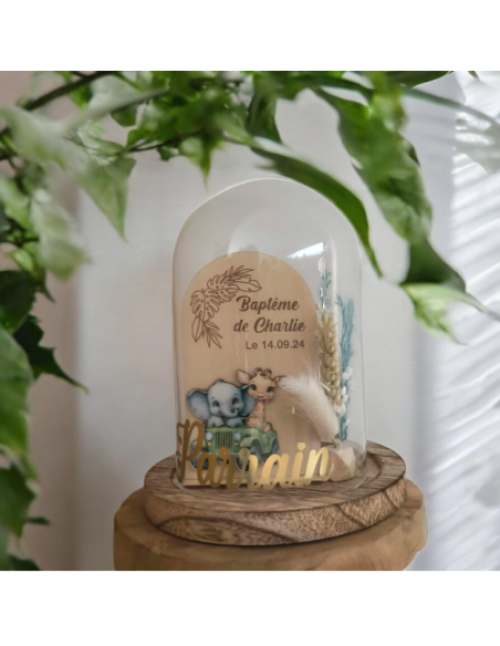 Cloche Verre Personnalisée thème jungle savane: Cadeau Invité Baptême, Communion, Parrain, Marraine