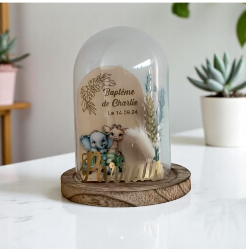 Cloche Verre Personnalisée thème jungle savane: Cadeau Invité Baptême, Communion, Parrain, Marraine