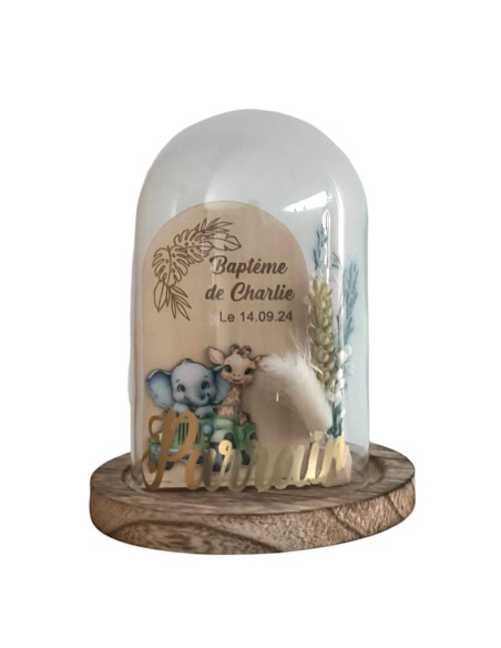 Cloche Verre Personnalisée thème jungle savane: Cadeau Invité Baptême, Communion, Parrain, Marraine