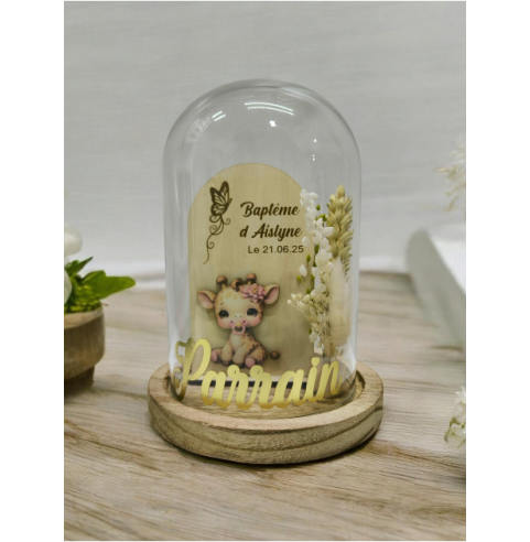 Cloche Verre Personnalisée thème girafe: Cadeau Invité Baptême, Communion, Parrain, Marraine