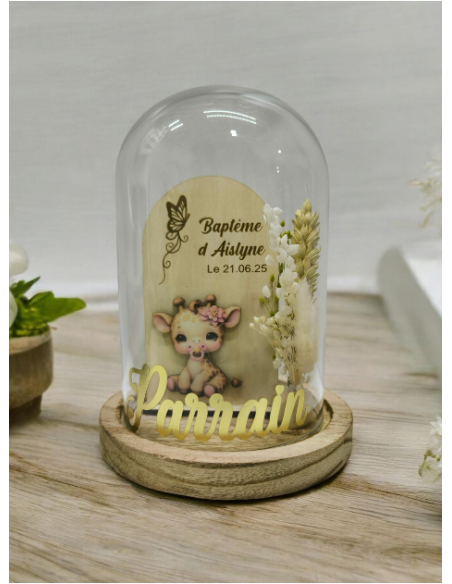 Cloche Verre Personnalisée thème girafe: Cadeau Invité Baptême, Communion, Parrain, Marraine