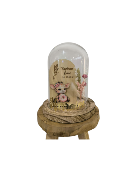 Cloche Verre Personnalisée thème girafe: Cadeau Invité Baptême, Communion, Parrain, Marraine