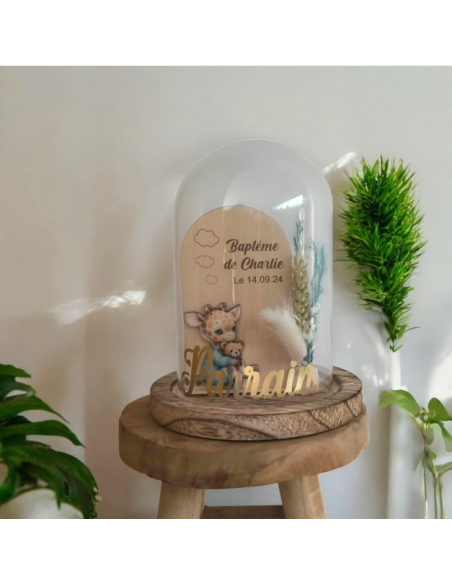 Cloche Verre Personnalisée thème girafe: Cadeau Invité Baptême, Communion, Parrain, Marraine