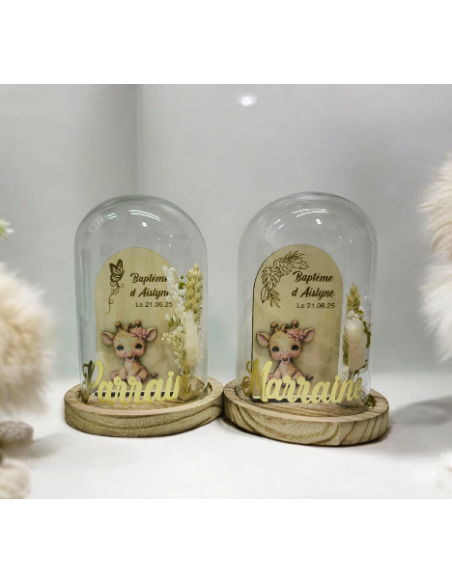 Cloche Verre Personnalisée thème girafe: Cadeau Invité Baptême, Communion, Parrain, Marraine