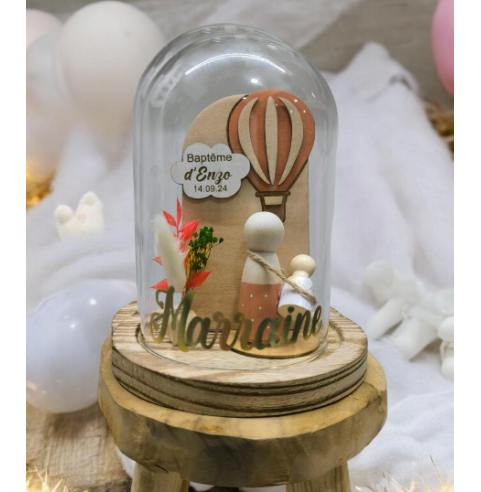 Cloche Verre Personnalisée thème montgolfière : Cadeau Invité Baptême, Communion, Parrain, Marraine