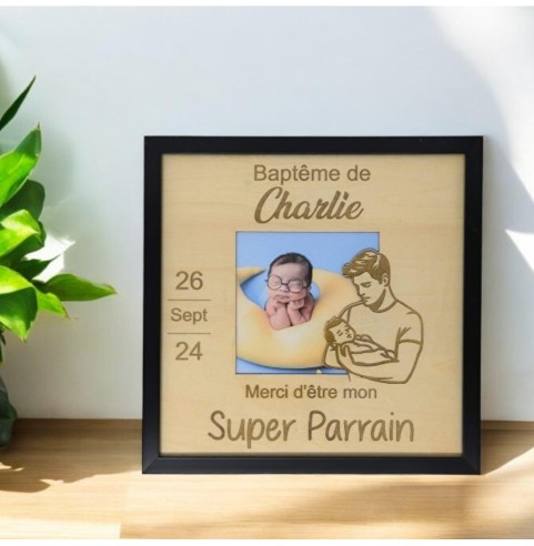 Cadre baptême cadeau parrain marraine en bois personnalisé