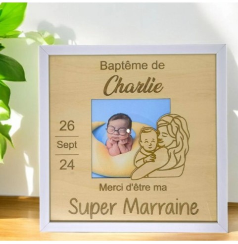 Cadre baptême cadeau parrain marraine en bois...