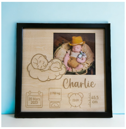 Cadre Naissance Bébé Personnalisé en Bois -...