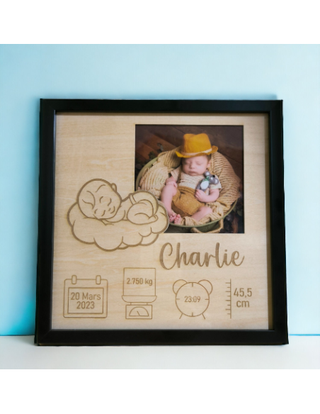 Cadre Naissance Bébé Personnalisé en Bois - Souvenir Prénom Date Poids