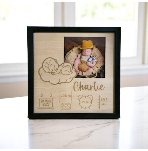 Cadre Naissance Bébé Personnalisé en Bois - Souvenir Prénom Date Poids