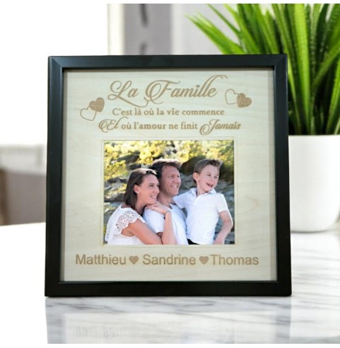 Cadre Photo Famille Personnalisé en Bois - Prénoms et Citation Amour