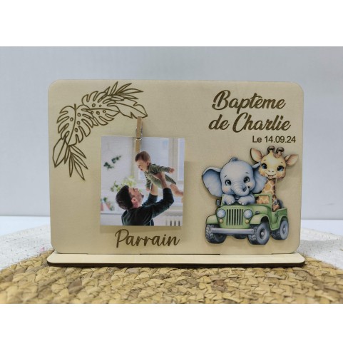 Cadre Photo Baptême Personnalisé Thème jungle garçon Cadeau Parrain Marraine Grands-parents