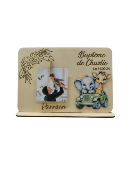 Cadre Photo Baptême Personnalisé Thème jungle garçon Cadeau Parrain Marraine Grands-parents