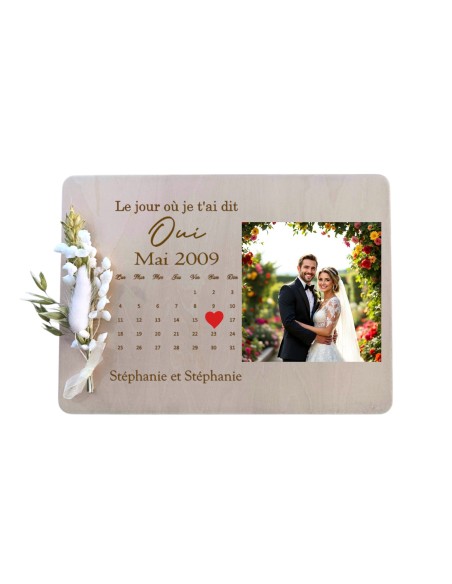 Cadre Photo Mariage Personnalisé Bois - Souvenir "Le jour où je t'ai dit oui"
