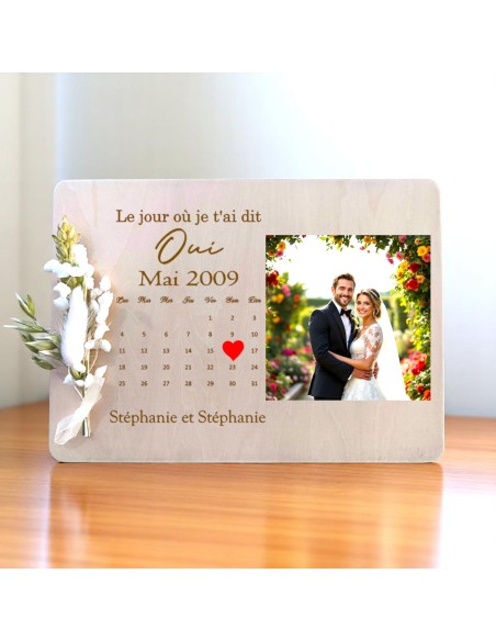 Cadre Photo Mariage Personnalisé Bois - Souvenir "Le jour où je t'ai dit oui"