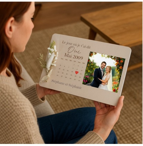 Cadre Photo Mariage Personnalisé Bois - Souvenir "Le jour où je t'ai dit oui"