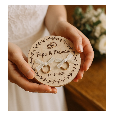 Porte-Alliances Mariage Bois Personnalisé | Prénoms & Date Gravés Bordure Florale