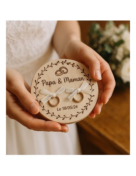 Porte-Alliances Mariage Bois Personnalisé | Prénoms & Date Gravés Bordure Florale