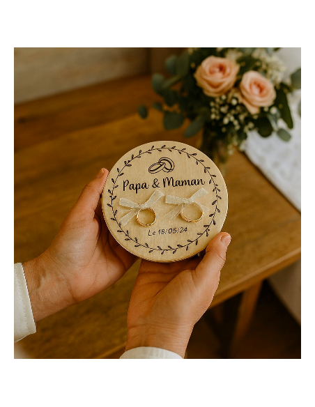 Porte-Alliances Mariage Bois Personnalisé | Prénoms & Date Gravés Bordure Florale