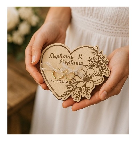 Porte-Alliances Mariage Bois Personnalisé | Prénoms & Date Gravés Coeur floral