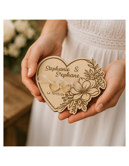 Porte-Alliances Mariage Bois Personnalisé | Prénoms & Date Gravés Coeur floral