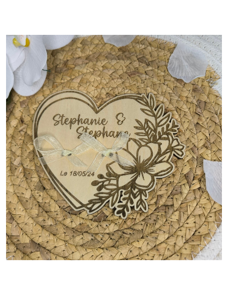 Porte-Alliances Mariage Bois Personnalisé | Prénoms & Date Gravés Coeur floral