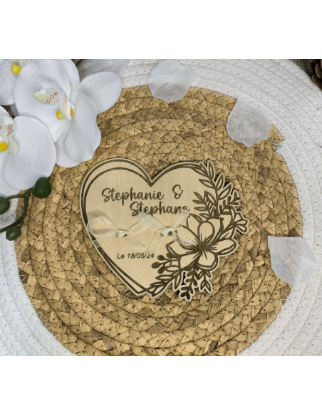 Porte-Alliances Mariage Bois Personnalisé | Prénoms & Date Gravés Coeur floral