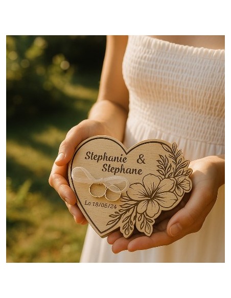 Porte-Alliances Mariage Bois Personnalisé | Prénoms & Date Gravés Coeur floral