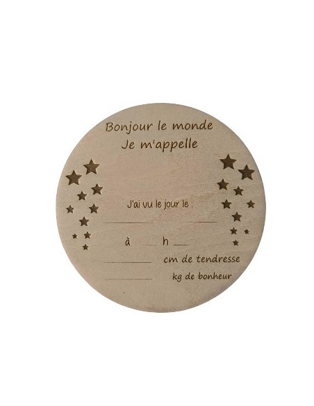 Plaque Bois Naissance Personnalisée | Cadeau Bébé "Bonjour le Monde" Etoiles