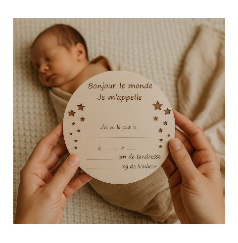 Plaque Bois Naissance Personnalisée | Cadeau Bébé "Bonjour le Monde" Etoiles