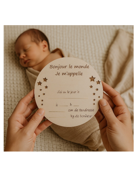 Plaque Bois Naissance Personnalisée | Cadeau Bébé "Bonjour le Monde" Etoiles