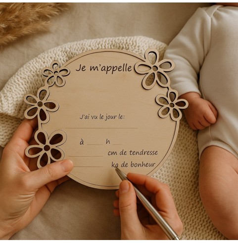 Plaque Bois Naissance Personnalisée | Cadeau Bébé "Bonjour le Monde" Fleurs