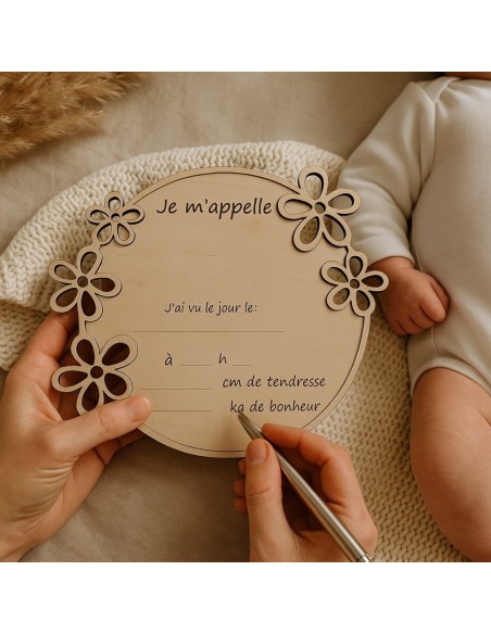 Plaque Bois Naissance Personnalisée | Cadeau Bébé "Bonjour le Monde" Fleurs