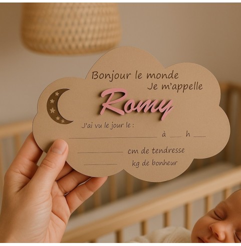 Plaque Bois Naissance Personnalisée | Cadeau Bébé "Bonjour le Monde" Nuage
