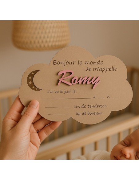 Plaque Bois Naissance Personnalisée | Cadeau Bébé "Bonjour le Monde" Nuage