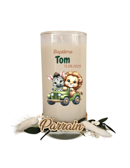 Bougie personnalisée cadeaux invités baptême, mariage, anniversaire avec fleurs séchées thème jungle, girafe ou ourson